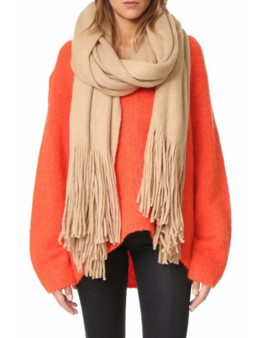 Free People Kolby Tan Beige Oversized Fringe Blanket Scarf Wrap